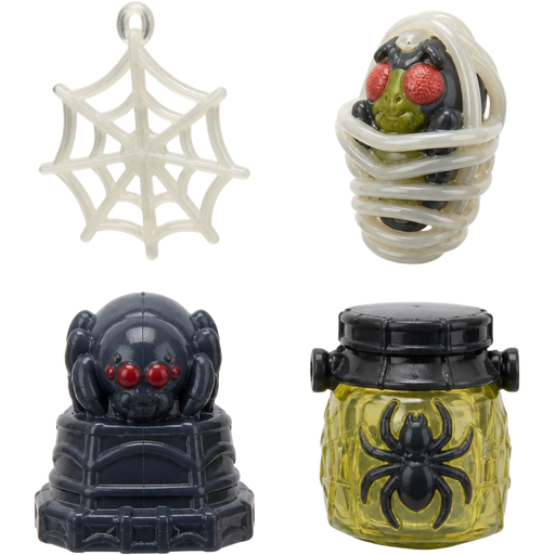 moose toys treasure x 4 non gold treasures they have a spider theme 1 spider web charm 2 fly wrapped up in a spider web cocoon 3 spider idol 4 spider jar