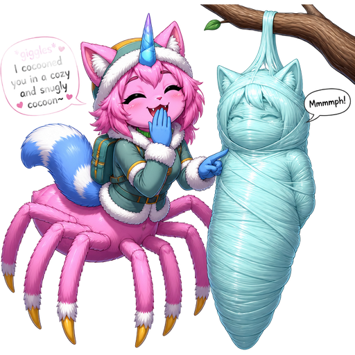 happy anthro girl pink cat drider with blue and white tail white wrists blue hands white ankles yellow tips on spider legs green collar blue unicorn horn wearing everest's hat clothing with backpack *giggles* I cocooned you in a cozy and snugly cocoon next to wrapped up and mummified fully covered in a #B8FFFF spider slik cocoon shaped like furry cat boy kid anthro arms behind back with #B8FFFF spider slik wrappings completely covered with thick layers non-transparent #B8FFFF spider slik wrappings Mmmmph! hanged to the branch