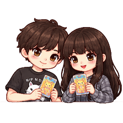 A dark brown hair man in a black rip n dip shirt with a cat design. With a black hair girl with bangs and red lip stick wearing a grey fannel. They are opening Pokémon packs