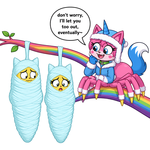 (cartoon network) wrapped up and mummified fully covered in a #B8FFFF spider slik cocoon shaped like male anthro yellow cat anthro worried with arms behind back with #B8FFFF spider slik wrappings completely covered with thick layers non-transparent #B8FFFF spider slik wrappings hanged to the branch on the left side next to wrapped up and mummified fully covered in a #B8FFFF spider slik cocoon shaped like female anthro yellow cat girl anthro whimpering arms behind back with #B8FFFF spider slik wrappings completely covered with thick layers non-transparent #B8FFFF spider slik wrappings hanged to the branch on the the right side next to happy femboy anthro furry pink cat drider with blue and white tail white wrists blue hands white ankles yellow tips on spider legs green collar blue unicorn horn based on unikitty wearing everest's hat and clothing sitting on a rainbow branch don't worry, I'll let you too out, eventually~