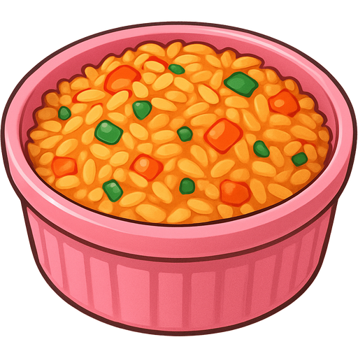 ghibli style | color #FF6EC7 ceramic ramekin | mexican rice inside ramekin | view: high-angle + front center + close-up