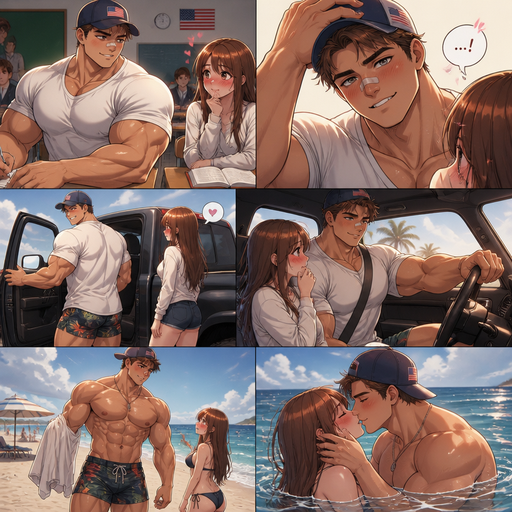 A ANIME CHARTER that is Bulky and Slim and Small body and all the muscle, Beef and Bulk are in his Biceps but equal through his body ANIME Cute and Irresistible Bara Man Who looks Normal and American with a round facial Structure and Basic facial structure With Puffy and Big Pecs that are visible through the shirt and Biceps and Bandaid on his nose. Wearing a White Baggy Shirt and Tight Tropical shorts with a baseball hat Hat on. at school with his Crush blushing. And he drives his hands through his hair and tussles and makes her blush by biting his lip. He takes her into his truck and they go to the beach and he changes into his swimsuit and they go into the water and they Kiss