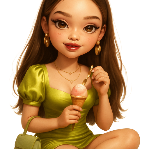semi-realistic soft cartoon luxury glam, mini plush Bratz-doll aesthetic, cinematic glow, crisp clean detail, glossy glam skin. brown eyed Petite girl, fair skin with soft freckles, wide face with tall forehead, honey-brown almond wide-set upturned eyes, fluttery lashes, shimmer highlight, plush lips, bottom heavy lip, sweet Belle-princess vibe, long straight brunette hair with visible light blonde highlights, softly defined feminine body, soft hourglass shape with full round bust, Chartreuse satin wrap mini dress with ruching along the hip, low square neckline, and puffed sleeves, Long soft waves with one side tucked behind gold statement earrings, Glowy bronze base, champagne highlight, deep berry lips, Gold anklet, dainty layered chains, sage mini handbag, Sitting cross-legged eating gelato with a smug smile. Cozy romantic glow, soft warm lighting, pop-princess energy
