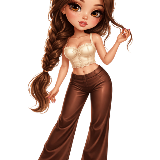 semi-realistic soft cartoon luxury glam, mini plush Bratz-doll aesthetic, cinematic glow, crisp clean detail, glossy glam skin. brown eyed skinny Petite girl, fair skin with soft freckles, wide face with tall forehead, honey-brown almond wide-set upturned eyes, fluttery lashes, shimmer highlight, plush lips, bottom heavy lip, sweet Belle-princess vibe, long straight brunette hair with visible caramel highlights, softly defined feminine body, soft hourglass shape with full round bust, soft cream cropped lettuce trimmed corset top paired with low-rise chocolate silk wide-leg trousers, and warm rose pointed heels. hair in glossy fishtail braid with tendrils framing face, peachy-pink blush with shimmer highlight, glossy nude-rose lips, mauve almond nails, gentle side-glance twirling a strand of hair. full body showing. Cozy romantic glow, soft warm lighting, pop-princess energy