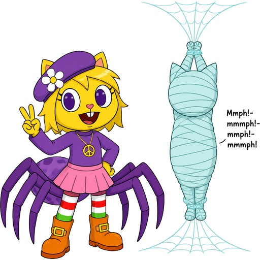 Yellow cat with purple eyes blonde hair purple hat with white flower peace sign necklace purple long sleeved shirt pink skirt long red white green socks orange boots with yellow buckles drider hybrid next to #B8FFFF mummified completely covered anthro cat shaped cocoon completely covered hanging on the ceiling by wrists tied up with #B8FFFF spider webs and ankles tied up with #B8FFFF spider webs on the floor Mmph!-mmmph!-mmph!-mmmph! happy tree friends style