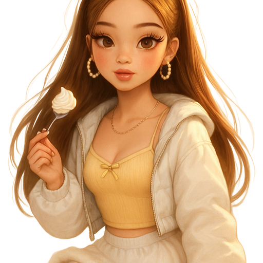 luxury glossy bratz-anime romantic aesthetic, warm cinematic glow, crisp clean detail, glossy glam skin. brown eyed Petite girl, fair skin with soft freckles, long wide face with tall forehead, honey-golden almond wide-set upturned eyes, fluttery lashes, shimmer highlight, plush lips, bottom heavy lip, sweet Belle-princess vibe, long straight brunette hair with visible light blonde highlights, softly defined feminine body, soft hourglass shape with full round bust, whipped cream curling on spoon’s edge, butter-yellow ribbed cami with top satin mini bow detail peeking under white puffy bomber jacket, golden chain detail beneath, white micro- bottom fur trimmed bubble skirt fluttering in motion, cream sneakers with butter-toned accents and gum sole; hair half-up in ribbons matching her hoodie, layers falling soft around face, subtle halo effect from sunlight; makeup: feathery lashes, coral blush melted into skin, lips sheer peach gloss; pearl hoops swing gently, faint glow of a gold bracelet catching sunlight as she lifts her spoon. Cozy romantic glow, soft warm lighting, pop-princess energy