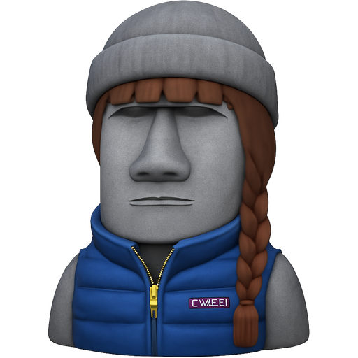 official Apple Moai grey stone statue wearing a Patagonia vest and beanie; long braid and bangs brown hair