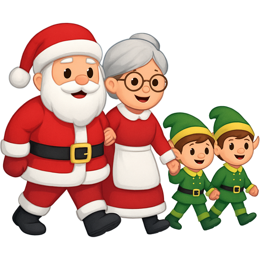 A snowy background with Santa and Mrs. Claus with three elves following them and Mrs. Claus hand is through Santa’s arm