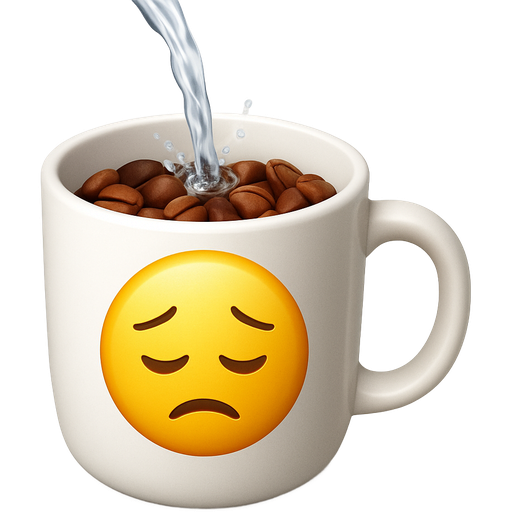 A coffee cup with a disappointed face on it, half full of coffee beans and being filled with boiling water