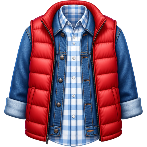A white and light blue checkered shirt with a denim jacket over with the sleeves rolled up and a red puffer vest over