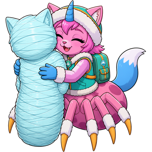 anthro girl pink cat drider with blue and white tail white wrists blue hands white ankles yellow tips on spider legs green collar blue unicorn horn wearing everest's hat clothing with backpack hugging wrapped up and mummified fully covered in a #B8FFFF spider slik cocoon shaped like furry cat boy kid anthro arms behind back with #B8FFFF spider slik wrappings completely covered with thick layers non-transparent #B8FFFF spider slik wrappings
