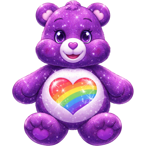Rainbow Heart Sparkling Dark Purple Care Bear with a Sparkling Rainbow Heart on the Stomach and a pinkish Purple Heart nose with the open heart curving outwards on both Ends