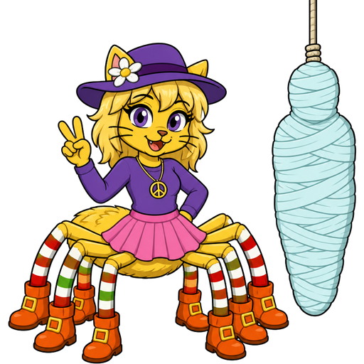 Yellow cat anthro with purple eyes blonde hair purple hat with white flower peace sign necklace purple long sleeved shirt pink skirt long red white green socks orange boots with yellow buckles drider hybrid next to #B8FFFF mummified completely covered human shaped cocoon completely covered hanging on the ceiling