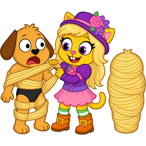 1 anthro dog with black underwear getting wrapped up by furry yellow cat anthro with purple eyes blonde hair purple and pink florist hat and purple florist outfit green and white socks orange boots with buckles pink skirt with blonde hair 2 blonde hair cocoon shaped like boy completely covered with blonde hair cocoon like mummy next to furry yellow cat anthro with purple eyes blonde hair purple and pink florist hat and purple florist outfit green and white socks orange boots with buckles pink skirt happy tree friends version