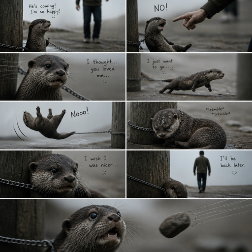 A comic book about a Otter connected to a pole and he sees a man walk toward him and he gets happy, but the man disciplines him and he gets confused and says I thought you loved me and the otter tries to run away but the otter is still connected to a pole and he flys back to the pole. And the otter lays on the pole and trembles when the owner walks to him and says I’ll be back later and the otter cries wishing he were nicer. And a rock flys