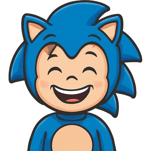 6 year old white boy with cheerful half squinted eyes wearing a sonic the hedgehog costume with a big happy smile