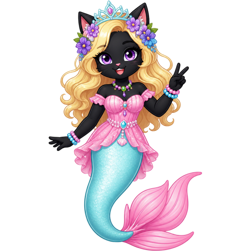 black cat furry with light yellow hair purple and blue flowers light cyan crown purple and green necklace pink and blue bracelets pink dress attached to long light cyan mermaid tail with pink tail fins human version