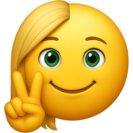 One side has long blonde hair and the other has no hair it has green eyes it’s fat it’s holding up a peace sign and it’s smile like this😊