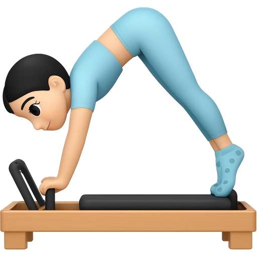 Pilates Princess Emoji: • Girl in a matching pastel workout set on a Pilates reformer • Wearing grip socks with little hearts on them. The socks are light blue • Make girl small and doing a downward pike on the refromer. She is wearing a light blue shirt and leggings. Her hair is black. Her skin is fair. Her eyes are big. Her eyes are brown.