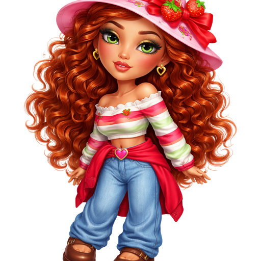 Strawberry Shortcake in a Soft 4K Intense Polished Shine as a Having a Mature Adult Toned Build with a Cool Medium Buff Skin Tone in a Vivid and 3D Distinct Features and High Visual Textures with Enhanced Airbrushed Lighting and a Natural Toned Shape with Wispy Shaped Eyelashes and Soft Angled Eyebrows with Upturned Eyes and Copper Red Curly Hair with a Gold Eyeliner Makeup Style Set Look also adding Downward-Turned Lips and a Milkshake Lipstick Finish Color Texture, Green Eyes, Also wearing a Pink Sunhat with Strawberries all over it and Red Ribbon with it along with a Strawberry on the Pink, White and Green Bow and a Red, Pink, Green and White Long Sleeve Shirt with Baggy Blue Jeans, Brown Close Toed buckle Up Shoes and a Red Jacket Tied Behind her waist