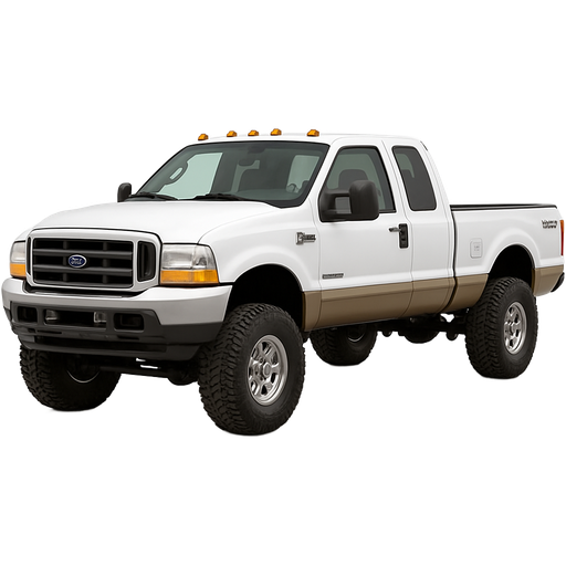 Create a realistic 2004 White Ford f250 lariat double cab on lifted kit with tan trim under the doors with silver front grill with orange cab lights