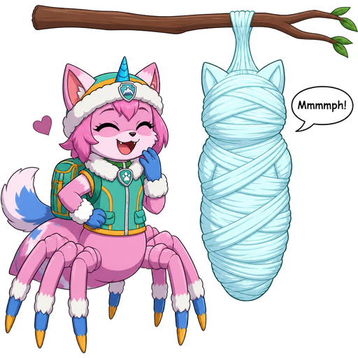 happy anthro girl pink cat drider with blue and white tail white wrists blue hands white ankles yellow tips on spider legs green collar blue unicorn horn wearing everest's hat clothing with backpack on left side next to wrapped up and mummified fully covered in a #B8FFFF spider slik cocoon shaped like furry cat boy kid anthro arms behind back with #B8FFFF spider slik wrappings completely covered with thick layers non-transparent #B8FFFF spider slik wrappings Mmmmph! hanged to the branch