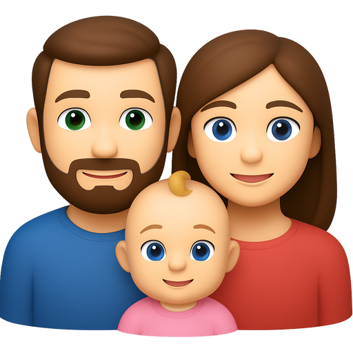family of three: dad with small beard, green eyes , mom with brown hair and blue eyes and little baby girl with blue eyes