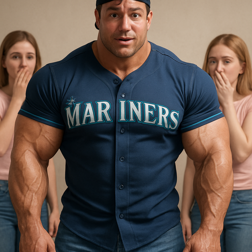 A Full view of his Body and Face Buff,Muscular and Huge American with Humongous Biceps and Pecs. In a Half way Tight And Short Seattle Mariners Jersey and Jeans And Backwards Baseball Hat. Making Girls Blush. With Brown Hair Blond Highlights and Brown Eyes drenched in sweat