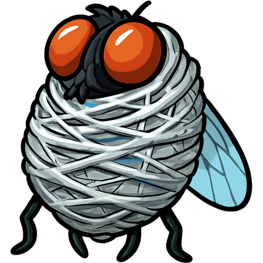 webbed and cocooned housefly wrapped up completely covered entrapped in a with very huge coating of sticky slik cocoon and very huge spider web slik wrappings sliken cocoon tightly