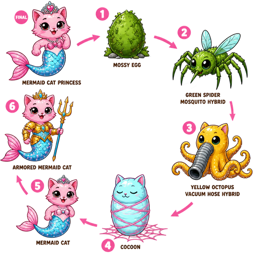 life cycle of light cyan mermaid tail with pink fins pink cat princess 1st mossy egg 2nd stage green spider mosquito hybrid 3rd stage yellow octopus vacuum hose hybrid 4th stage light cyan cocoon shaped cat with pink webbing on the ground 5th stage pink cat with blue mermaid tail with white details 6th pink cat with golden armor blue mermaid tail with pink fins holding trident 6th stage light cyan mermaid tail with pink fins pink cat princess clipart cartoon style