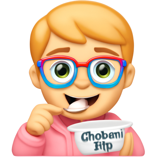 Boy with white skin, green eyes, blonde hair, colorful glasses, light pink jacket, loves to eat chobani flip yogurt