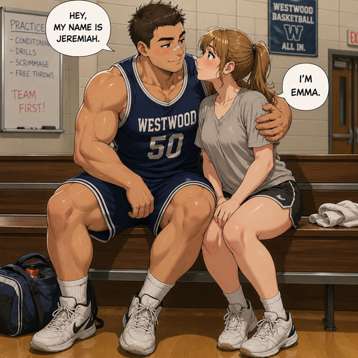 A Real life Full Body view of a Chunky Small but Muscular and more Muscle than Fat ANIME Cute Bara Man Who looks Normal and American with a round facial Structure and Basic facial structure With Puffy and Big Pecs that are visible through the shirt and Biceps and Bandaid on his nose. Wearing a Tight Basketball. Sitting on bench after practice drenched in sweat hugging his crush saying how was “ hey my name is Jeremiah”. and her blushing and lookin into his eyes “I’m Emma”