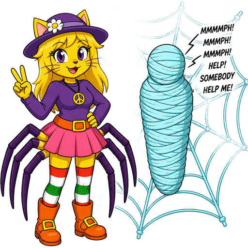 Yellow cat anthro with purple eyes long blonde hair whiskers purple hat with white flower peace sign necklace purple long sleeved shirt orange belt with a yellow buckle pink skirt long red white green socks orange boots with yellow buckles drider hybrid next to thick completely fully light cyan spider web mummified boy shaped cocoon covered with thick layers non-transparent light cyan slik wrappings and light cyan slik wrappings boy shaped cocoon covered with thick layers non-transparent light cyan slik wrappings muffled screams mmmmph! mmmph! mmmph! help! somebody help me!