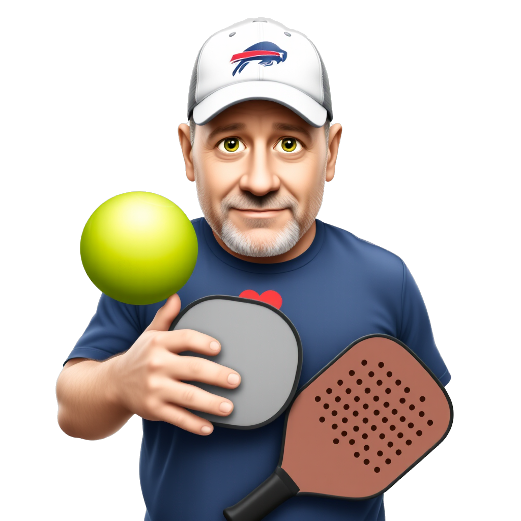 A balding, green eyed pickleball player. He is shown from the waist up so his athletic shorts show. His face is slightly rounded because he is slightly overweight. He is facing straight forward. He has a very short stubbly gray and white beard, wearing a buffalo bills ball cap,. He has a small red valentine heart in the low center of his chest. He is holding a pickleball paddle in his right hand and a lime green colored pickle ball in his left hand. The pickle ball is covered with evenly spaced 1/4 inch holes across its entire surface.