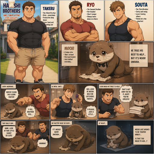 A Full Body Comic Book story view of a Bulky and hunky ANIME Cute Bara Man With Peach toned skin Who looks Normal and round facial Structure and Basic facial structure With Puffy and Big Pecs that are visible through the shirt and Biceps and Bandaid on his nose and Brown and Strait hair. Wearing a t-shirt and shorts. And the comic introduces each of his 3 brothers and they have a baby cute otter who is the servant but doesn’t get treated right. And tries to help but doesn’t and everyone bullies him