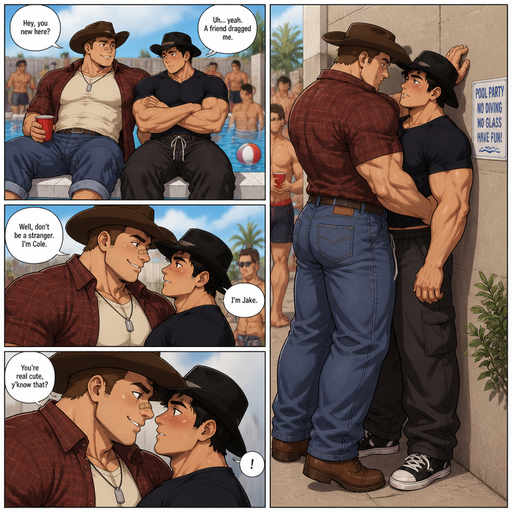 A Full Body anime comic book of a Tall Beefy and Bulky but Muscular and ANIME Cute Bara Cowboys in Baggy Clothing Who looks Normal and American with a round facial Structure and Basic facial structure With Puffy and Big Pecs that are visible through the shirt and Biceps and Bandaid on his nose and slim and thin waist. Both Siting at a Pool party with his Crush and pins him close to a wall facing his back