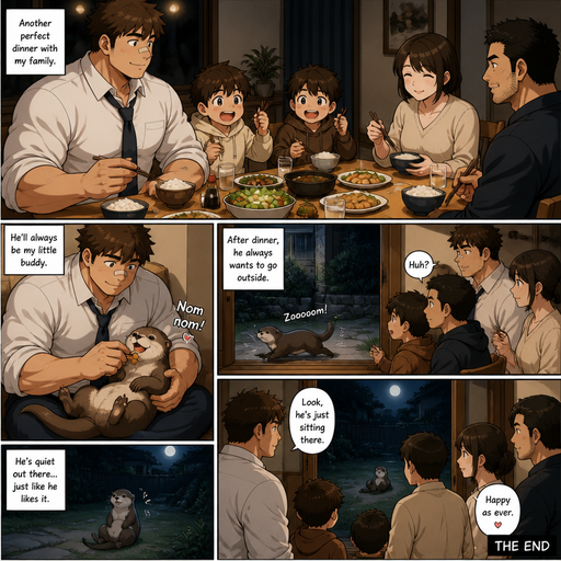 A DETAILED AND LIFELIKE ANIME Comic Book story view of a Bulky but Muscular ANIME Cute Bara Man With Peach toned skin Who looks Normal aind round facial Structure and Basic facial structure With Puffy and Big Pecs that are visible through the shirt and Biceps and Bandaid on his nose and Brown Fluffy and Strait hair. Wearing a baggy school uniform with his 2 little Brothers. And at the dinner table with his family and the Pet otter and He Cuddles him in his lap while and Feeds the otter so of the food and he pets him. Then the otter goes outside and is quite out there and they see the otter And it’s over