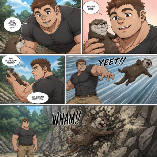 A DETAILED AND LIFELIKE ANIME Comic Book story view of a Bulky but Muscular ANIME Cute Bara Man With Peach toned skin Who looks Normal aind round facial Structure and Basic facial structure With Puffy and Big Pecs that are visible through the shirt and Biceps and Bandaid on his nose and Brown short hair. Wearing normal clothes. An otter and then he throws it at a rock
