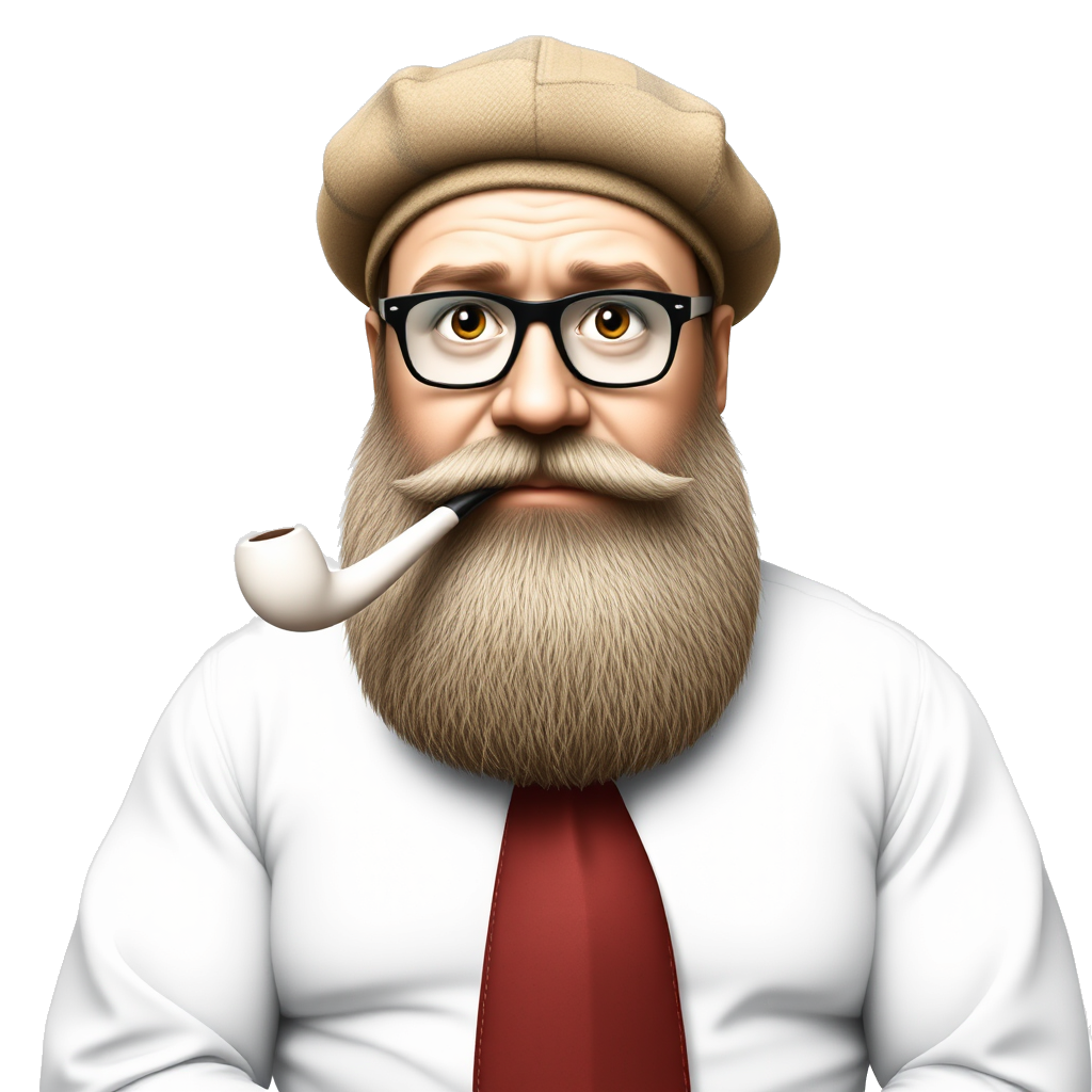 A man in his twenties, imposing, with a thick beard that falls to his chin and a white birch pipe in his mouth, a round face and a prominent jaw. He has broad shoulders and a marked corpulence, wears a beige and gray checked beret, a large white long-sleeved shirt that hugs his impressive biceps, a dark red tie and inspector-style glasses.