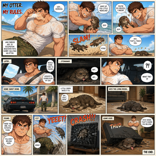 A Full page Anime Comic book story about of a Bulky ANIME Cute Bara Man American 20 year old with a ROUND and BASIC facial structure and Young Adult BARA CUTE that is Peach Toned skin not anything else MALE not to detailed With bigger than average Pecs that are visible through the shirt and Biceps and a big Bandaid on his nose and Left Cheek and Right Eye brow with Scars all over his Chest and arms. Wearing a White baggy shirt and jeans that is tight around the waist and Baggy Camo Cargo pants drenched in sweat and Short and Brown Strait Fluffy Hair and Strait with brown eyes and black eyebrows with a Three finger Slash on his Eyebrow. With no Facial Hair. Waking up in the morning at the Beach and his pet Otter but Excessively bully’s it. But he drive in his car, but the otter stowed away on his car and was weakly crawling in. And the otter arrives back at the house and the otter goes into the living room but is found and flys into the TV,and the TV falls over on the otter and he pushes down and The otter looses.