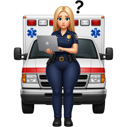 Slim thick big butt wide hip white skin blonde cop, facing forward, with long straight blonde hair. She’s holding a laptop and standing in front of the ambulance. She looks confused with a question mark above her head