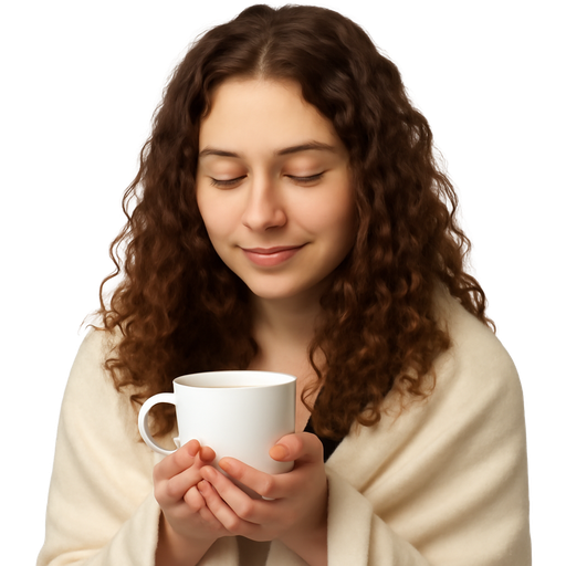 a girl with fair skin and long curly brown hair, her shoulders are wrapped in a cream blanket, ready to open, she holds a white mug in her hands, her gaze is lowered to the mug and there is peace on her face