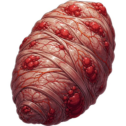giant slikworm cocoon covered with thick layers non-transparent slik wrappings and huge slik wrappings with thick layers with red clusters and orange veins with a red veins and red blisters