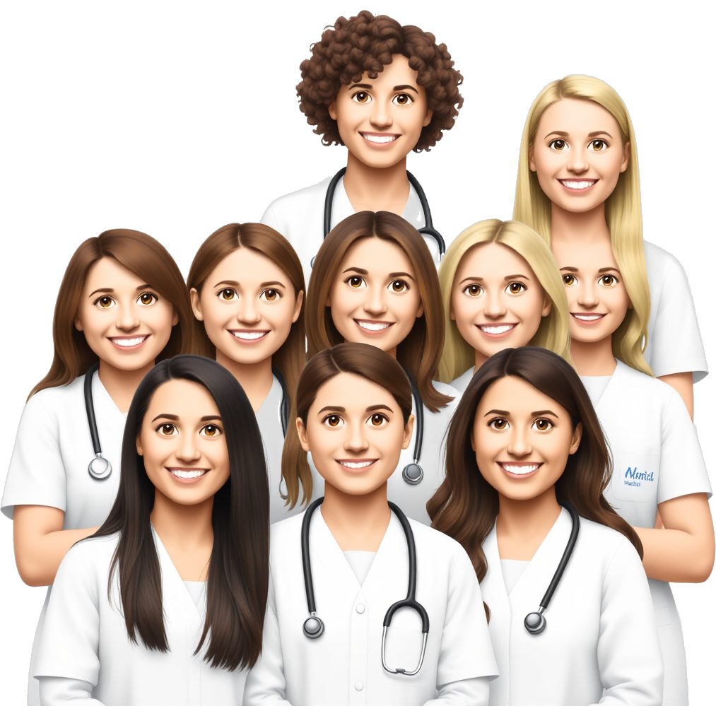 9 medic students (6 girls(1 brown curly medium hair, 1 light brown short hair, 1 dark brown long, 2 light brown long, 1 blonde medium), 3 boys ( 1 dark hair, 2 light light )) smile, in white, with stethoscope, beautiful, only 6 girls, only 3 boys