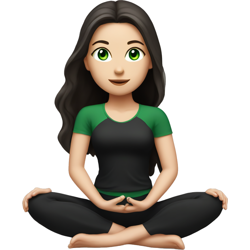 Beautiful white girl with perfect dark brown long hair and green eyes sitting in yoga pose with black outfit (black short sleeve top)
