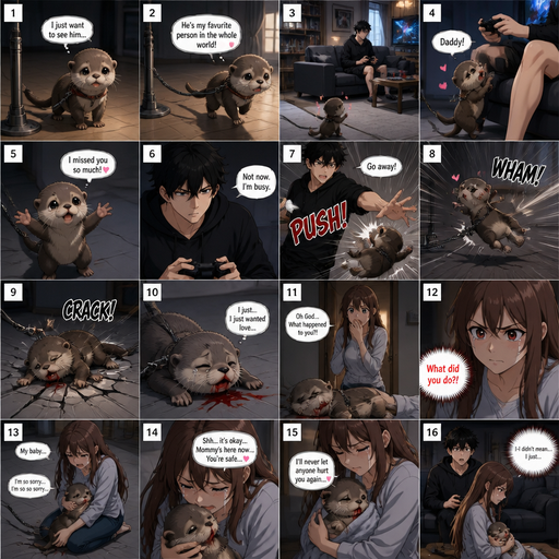A comic book Picture by picture and shows impact of a A baby otter that is connected to a pole and went to his male Cute and Handsome wearing a Black Hoodie and Shorts owner who was playing video games on he couch in his house to go and the otter tries to hug him but the otter was pushed away flys to floor and cracks. And the otter doesn’t get up and the otter talks about how it just wants love and the mom comes in and looks at the otter and sees red all over his mouth and she comes and comforts him
