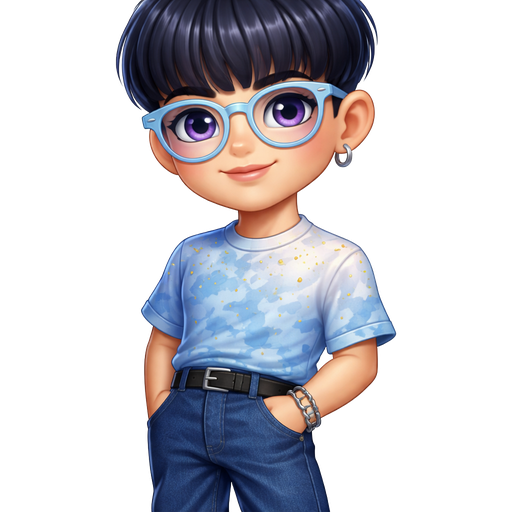 Everything Bagel With a Fair-Light Golden Natural Skin Tone and a Full Lip Shape with a Natural Eyebrow Shape and a Tapered Eye Shape with a Square Facial Structure and Dark Blue Bowl-Cut Hairstyle With Big Pastel Blue Rounded Glasses and Purple Eyes With a Marble Blue T-Shirt and The Top of His Shirt is Light Blue with a Printed Pattern of Gold Sprinkles With Dark Blue Denim Pants Wearing Brown Boots With a Mature Adult Balanced Structure and Luxury Glossy with a Vivid and Distinct Features