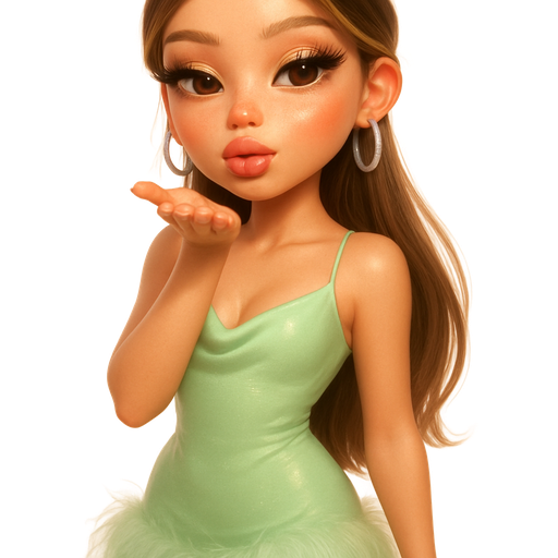 luxury glossy bratz-doll romantic aesthetic, warm cinematic glow, crisp clean detail, glossy glam skin. brown eyed Petite girl, fair skin with soft freckles, long wide face with tall forehead, honey-golden almond wide-set upturned eyes, fluttery lashes, shimmer highlight, plush lips, bottom heavy lip, sweet Belle-princess vibe, long straight brunette hair with visible light blonde highlights, softly defined feminine body, soft hourglass shape with full round bust, blowing kiss toward camera, mint-green cowl-neck mini dress with feathery hem, white strappy heels wrapping up calves, glossy hair in loose low ponytail, inner-corner shimmer, overlined lips with peachy balm, silver hoop earrings and matching anklet. Cozy romantic glow, soft warm lighting, pop-princess energy