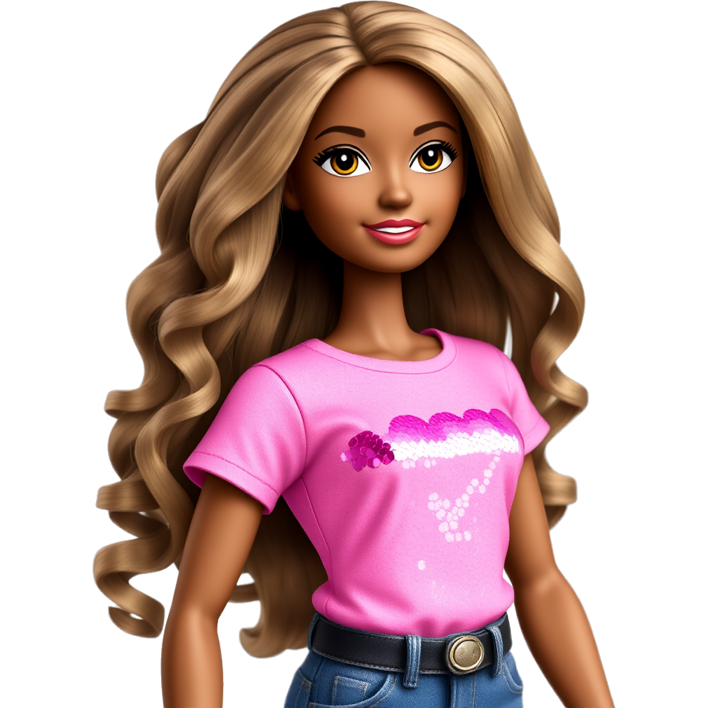 Light brown skinned Bratz doll with long dark blonde wavy hair. She’s wearing a hot pink sequined Tshirt