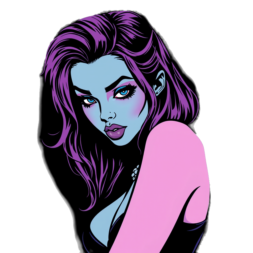 old retro comic art style of old retro comic art style of Shy mean sexy goth girl purple blue on a black background on a white background